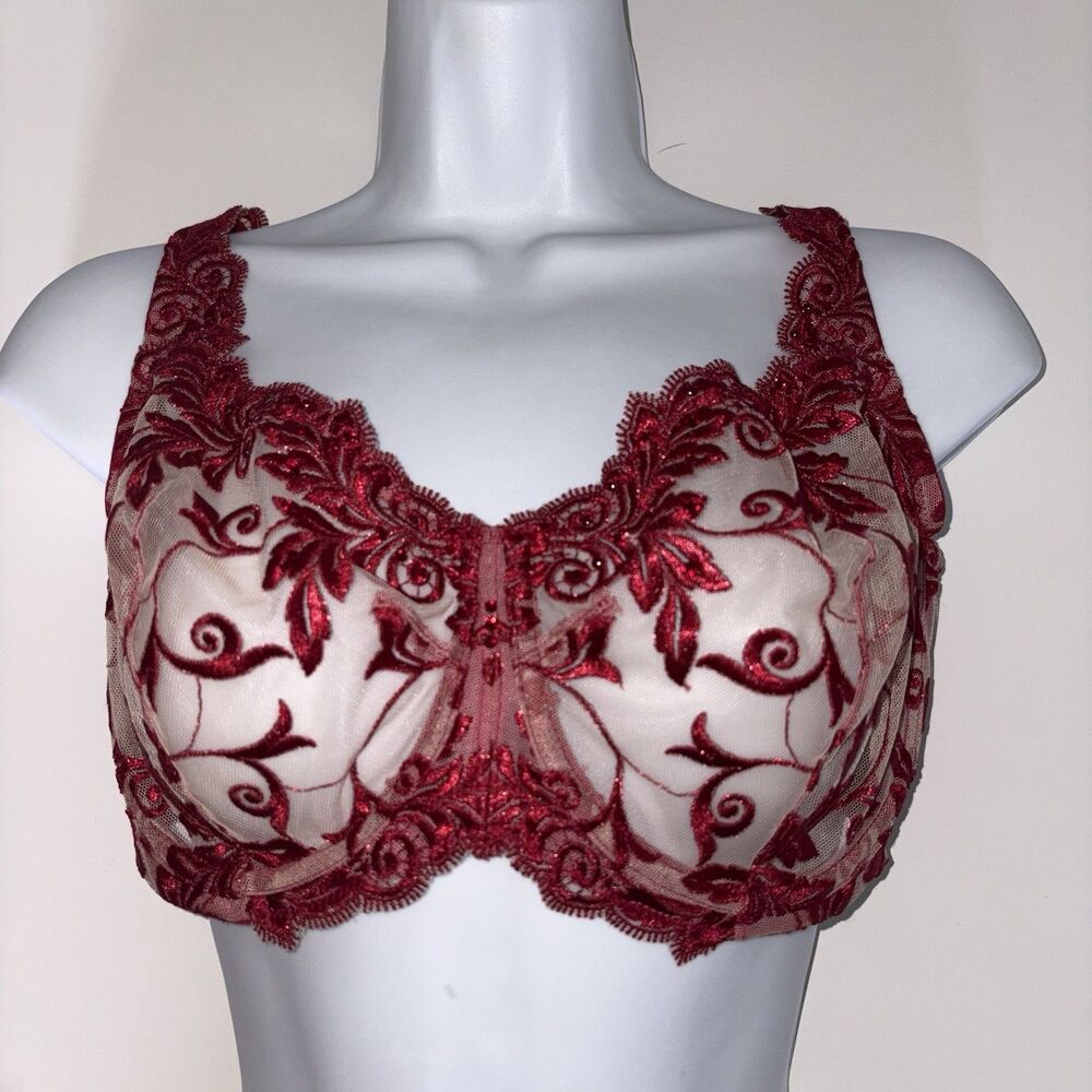 Soma Red Sensuous Lace Unlined Bra Size 38DD Embellished Underwire Balconette